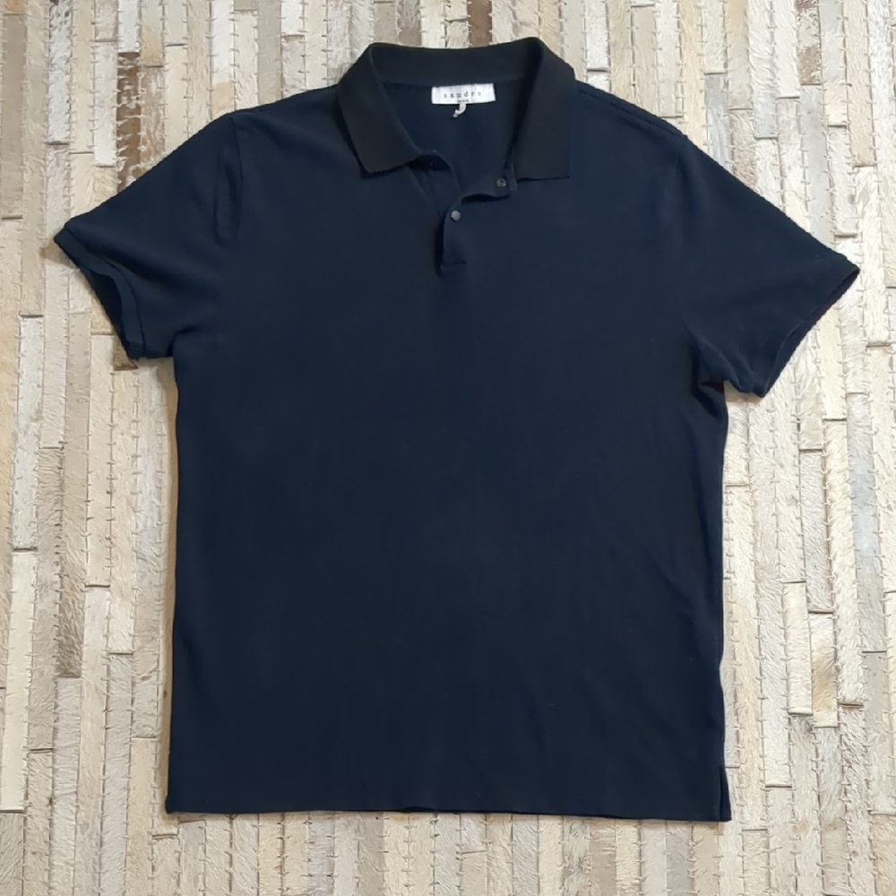 Sandro Paris Men's Size M 100% Cotton Navy Black Snap‎ Button Polo Shirt